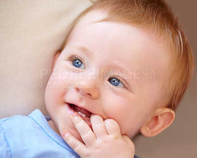 Buy stock photo Closeup shot of an adorable baby boy in his home