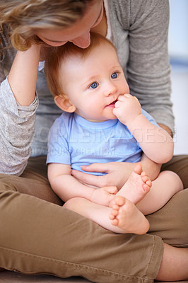 Buy stock photo Baby, growth and happy with mother, relaxing and love together with child and care for motherhood. Infant, mom and smile for affection, nurture and home for bonding and babysitting with family