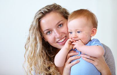 Buy stock photo Happy mother, portrait and hug with baby for love, embrace or care in trust or bonding together at home. Face of mom or little toddler with smile for family, childhood or motherhood in relax at house