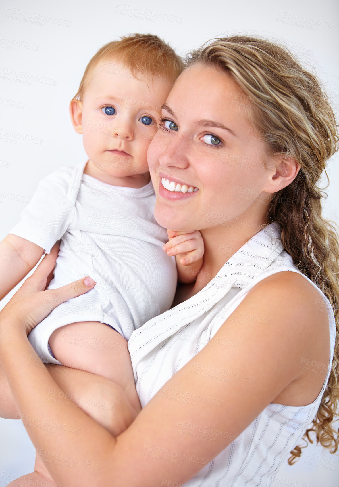 Buy stock photo Happy mother, portrait and baby with love in care, trust or bonding together on holiday weekend at home. Face of mom or little toddler with smile for family, childhood or motherhood in relax at house