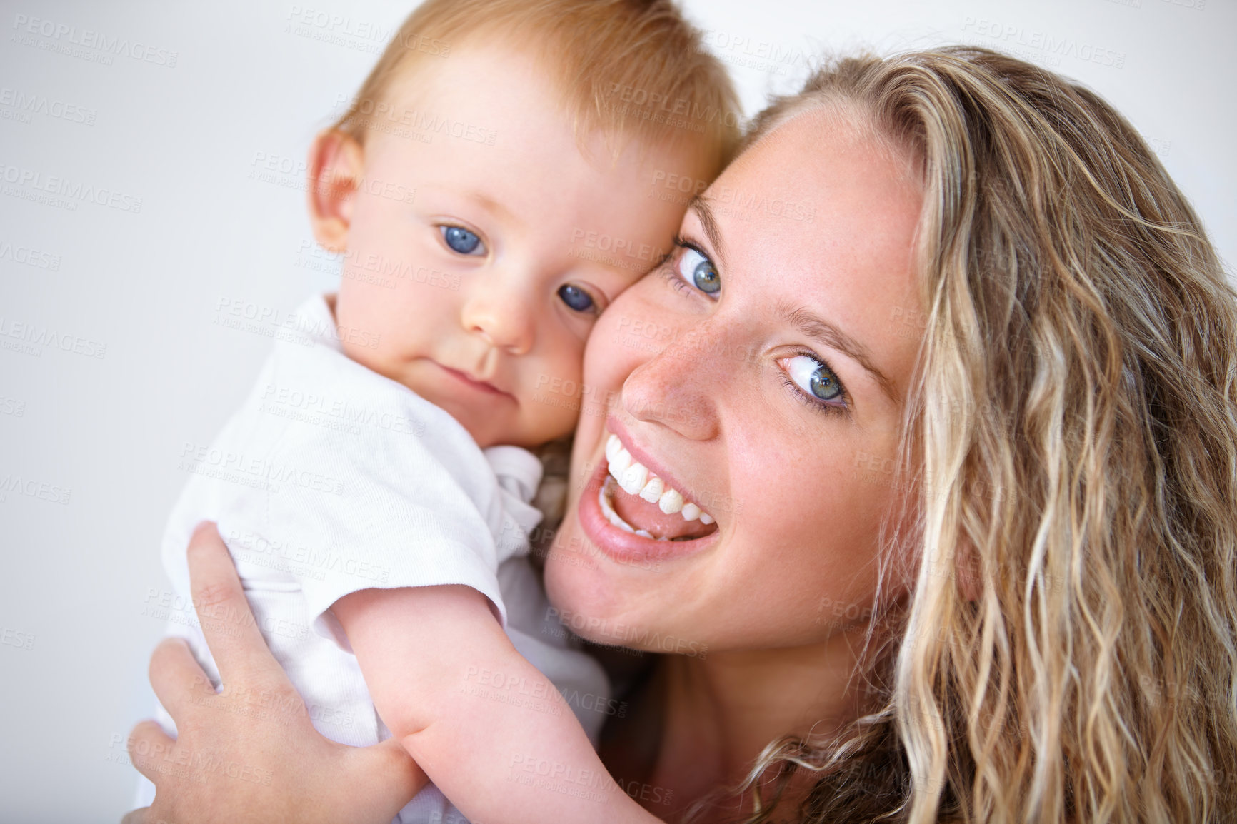 Buy stock photo Happy mother, portrait and hug with baby for love in care, trust or bonding together on holiday at home. Face of mom or little toddler with smile for family, childhood or motherhood in relax at house