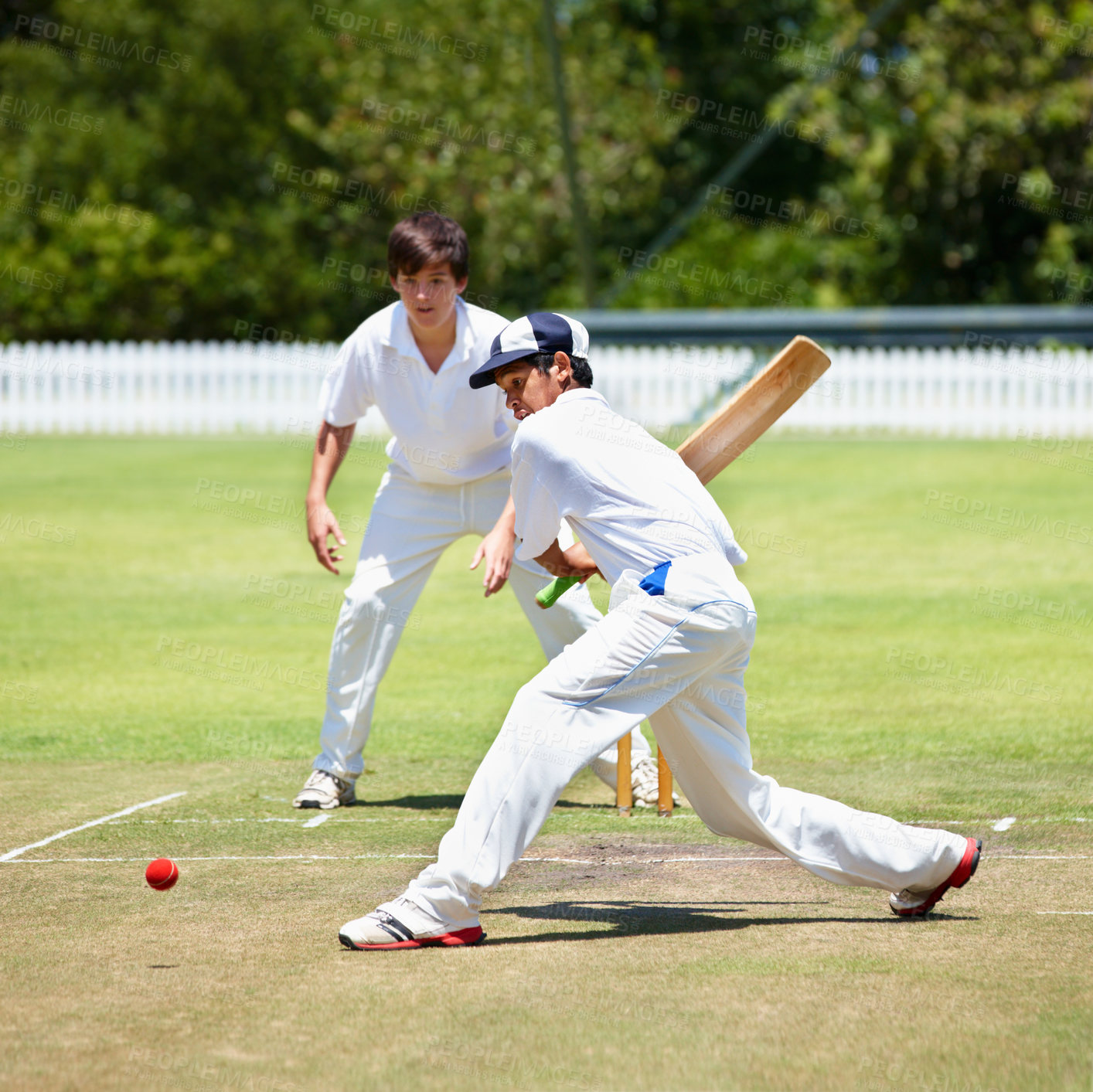 Buy stock photo Cricket player on pitch, teenage boy hitting ball with bat and team sports with fitness, health and active people outdoor. Competition, action and young cricketer with male athlete playing game