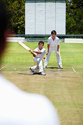 Buy stock photo Cricket, boys and group with teamwork, game and fun with competition and training with wellness. People, teenagers and players with a tournament, exercise and fitness with sports, batting and healthy