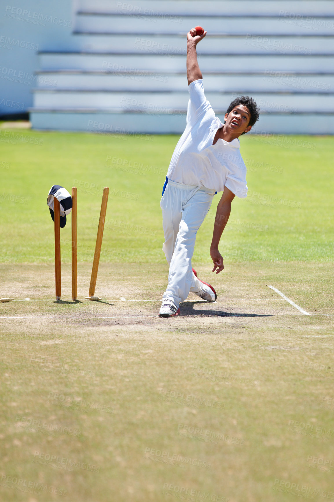 Buy stock photo Cricket field, game and man with sports, fitness and fun with competition and grass with sunshine. Person, athlete and player with a ball and exercise with training or practice with summer and cardio