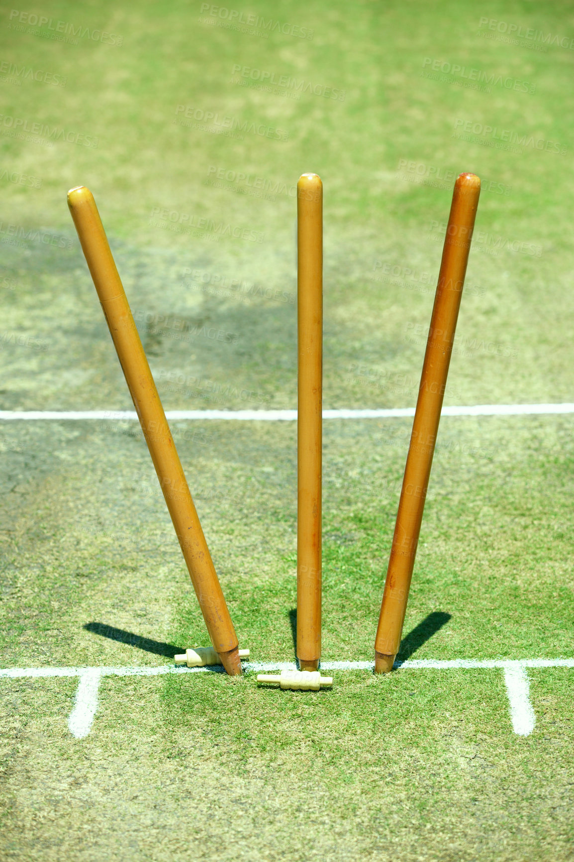Buy stock photo Cricket, field and wickets with stumps for sport, score and target bowling in match or competition. Fielding positions, sporting and equipment for competitive play and outdoor event with game rules