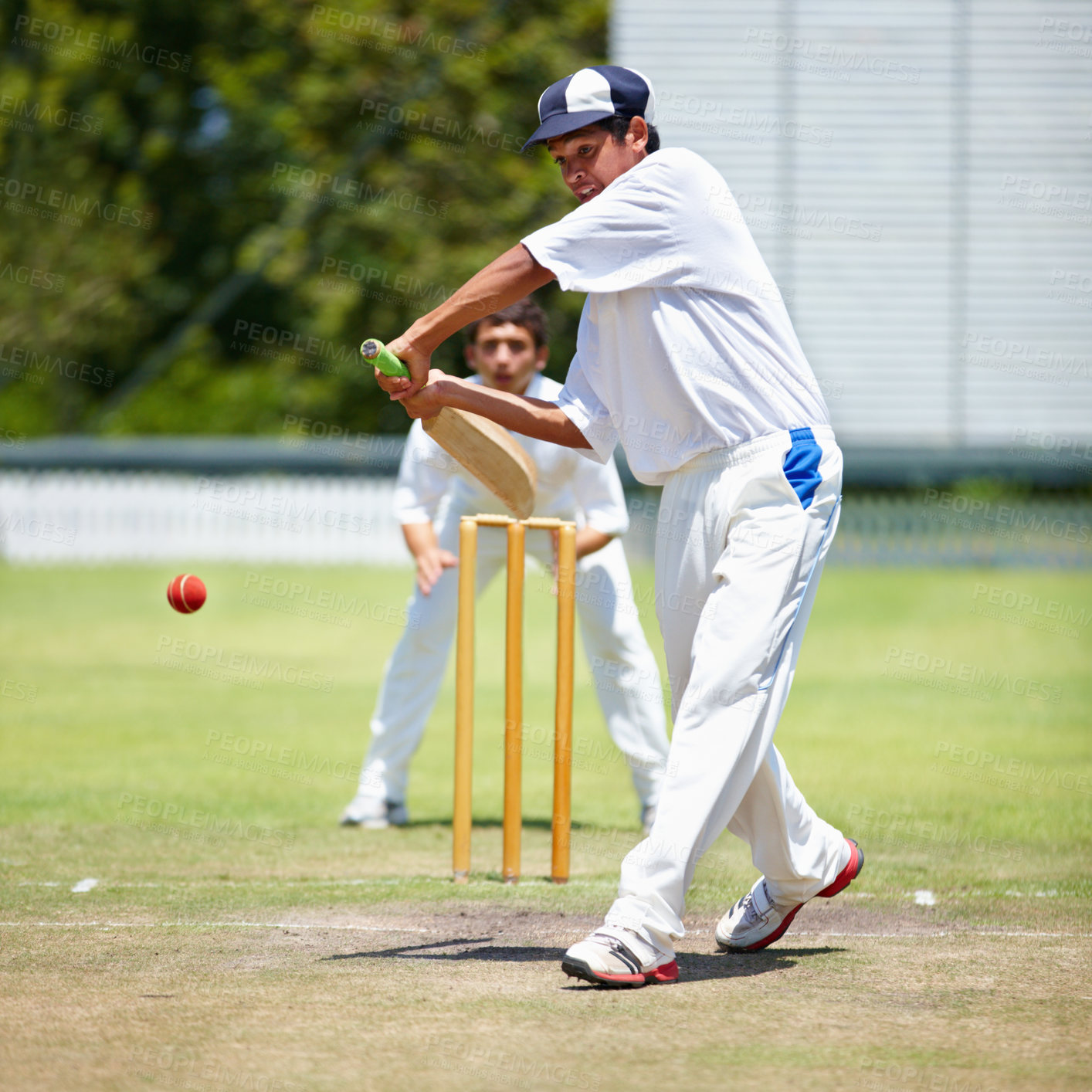 Buy stock photo Cricket player on pitch, teenage boy with bat and ball, team sports with fitness, health and active people outdoor. Competition, action and young male athlete play field game with sport and exercise