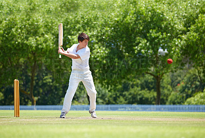 Buy stock photo Cricket field, game and teenager with sports, batting and fun with competition and grass with sunshine. Person, athlete or player with ball or exercise with training or practice with summer fitness