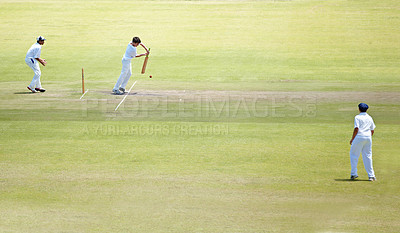 Buy stock photo Cricket team, bat and hitting ball on field, action and professional athlete for playing game. Fitness, batsman or outdoor with teamwork for competition, uniform or stroke with precision to score run