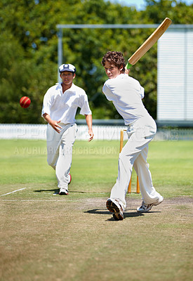 Buy stock photo Health, cricket and boys with teamwork, sports and competition with exercise or summer. Athlete, game or players with fun or fitness with sunshine or cardio with ball or bat with training or wellness