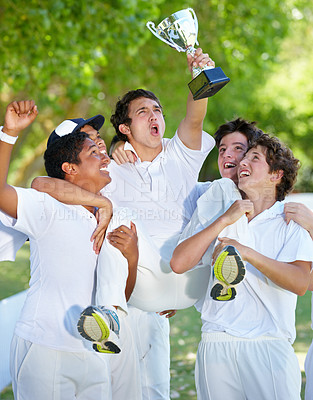 Buy stock photo Teen boys celebrate winning, trophy and sport win with achievement in cricket game and fitness outdoor. Young male athlete group, champion and teamwork with winner of sports match and celebration