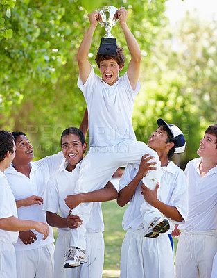 Buy stock photo Teenage boys celebrate win, trophy and sport with achievement in cricket game and fitness outdoor. Young, winning male athlete group and champion, teamwork with winner of sports match and celebration