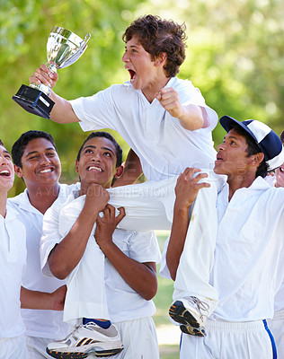 Buy stock photo Cricket team, trophy and excited boys celebrate achievement in sport game, winning and fitness outdoor. Teenager male athlete group, champion and teamwork with winner of sports match and celebration