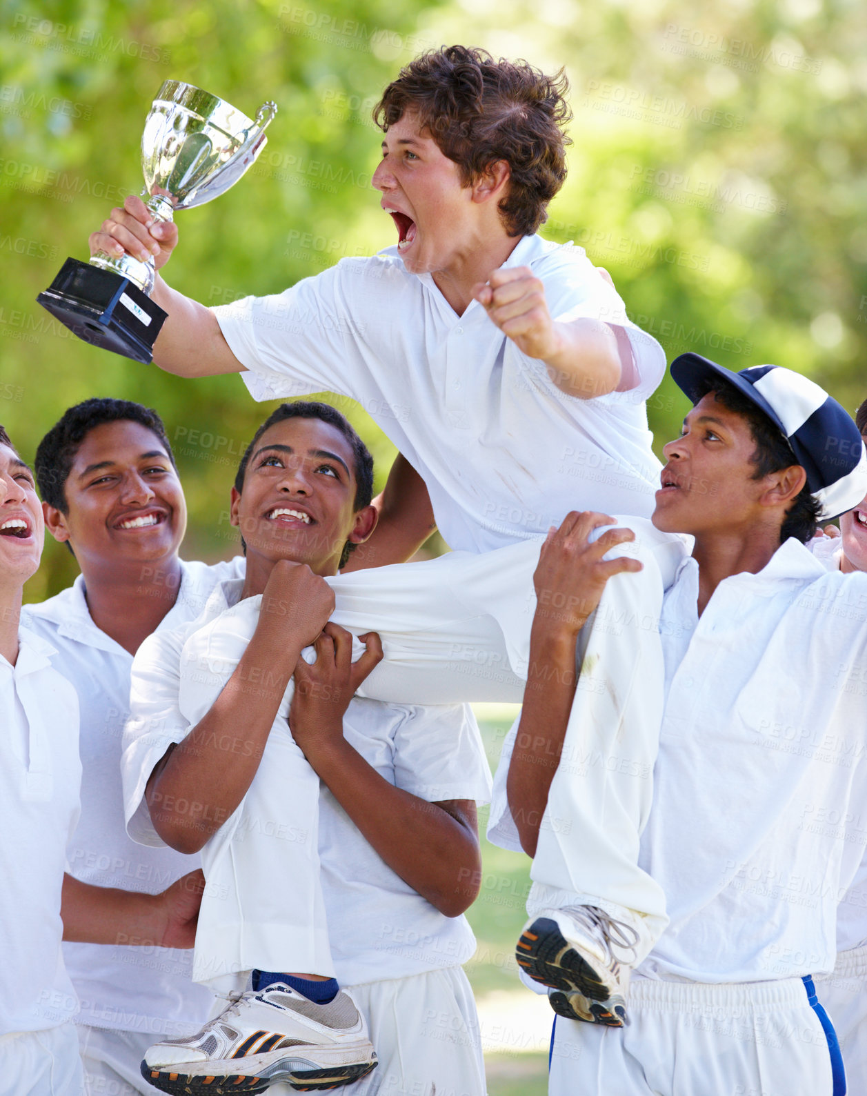 Buy stock photo Cricket team, trophy and excited boys celebrate achievement in sport game, winning and fitness outdoor. Teenager male athlete group, champion and teamwork with winner of sports match and celebration