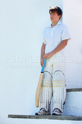 Buy stock photo Child, cricket and teenager for practice, test or competition for training or workout. Kid, sports and gear for exercise, sport and wall with athlete waiting to bat or pitch for summer fitness