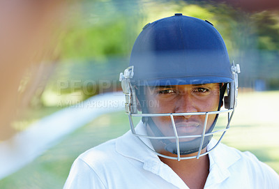 Buy stock photo Cricket player, professional and confident with helmet on field, action and protection for athlete in game. Fitness, person and ready outdoor for sport competition and uniform or gear for test match