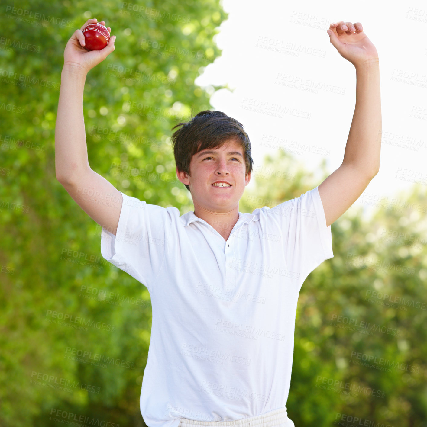 Buy stock photo Young, cricket player and ball for bowling on field, action and happy athlete with winning in game. Fitness, bowler or outdoor for celebrating a sport competition or success technique for test match