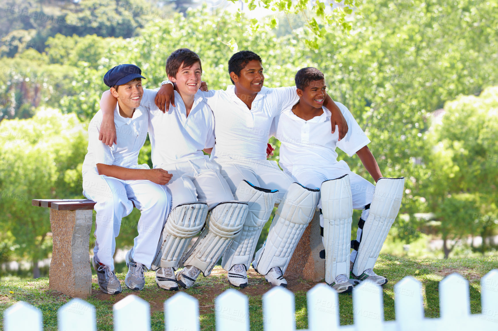 Buy stock photo Happy, cricket team and sport on field, bench and professional athlete with collaboration. Fitness, unity or outdoor with teamwork for competition, uniform or bonding together as friends in nature