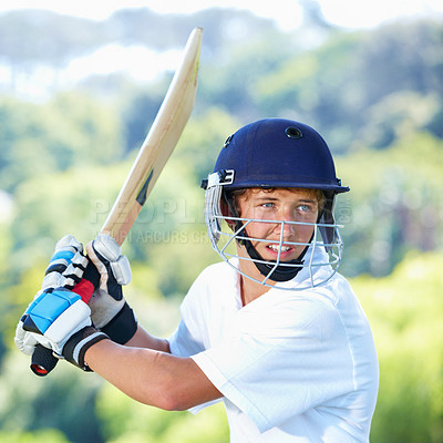 Buy stock photo Cricket player, bat and young athlete on field, confident and professional sport with skill in game. Happy, batsman and outdoor to practice for test match in uniform and stroke outdoor to score a run