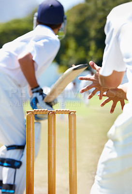 Buy stock photo Cropped shot of cricket players during a test match