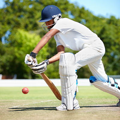 Buy stock photo Cricket player on pitch, man and hitting ball with bat in sports for fitness, health and active person outdoor. Competition, action and male cricketer playing game on field with sport and exercise