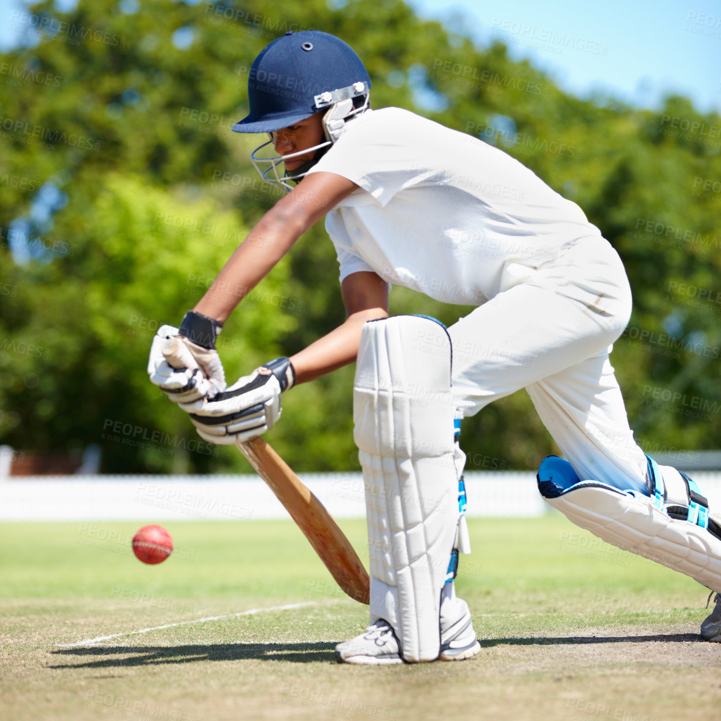 Buy stock photo Cricket player on pitch, man and hitting ball with bat in sports for fitness, health and active person outdoor. Competition, action and male cricketer playing game on field with sport and exercise