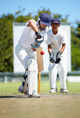 Buy stock photo Cropped shot of two opposing cricket players during a match