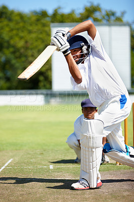 Buy stock photo Cropped shot of two opposing cricket players during a match