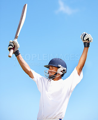 Buy stock photo Cricket, winner and arms raised of young athlete in sports game, celebration or winning outdoors with mockup space. Success, competition and male professional person for victory, event and exercise.