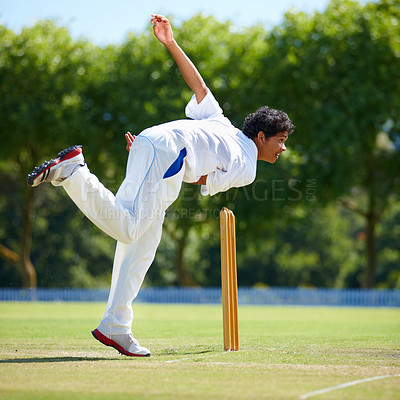 Buy stock photo Cricket field, training and man with sports, bowling and fun with competition and grass with sunshine. Person, athlete and player with a ball and exercise with fitness or practice with summer or game