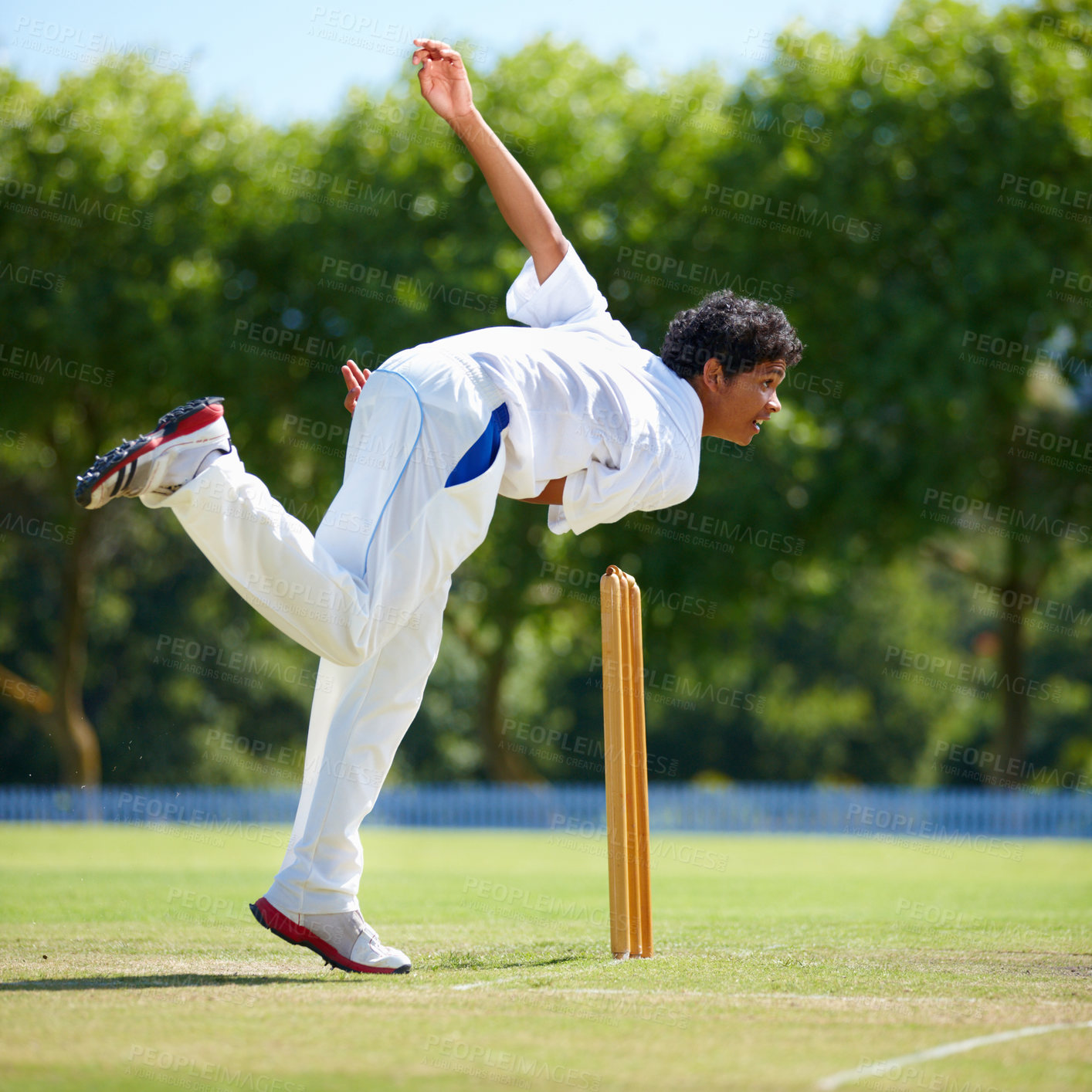 Buy stock photo Cricket field, training and man with sports, bowling and fun with competition and grass with sunshine. Person, athlete and player with a ball and exercise with fitness or practice with summer or game