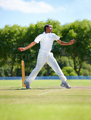 Buy stock photo Cricket field, bowling and man with sports, fitness and fun with competition and grass with sunshine. Person, athlete and player with a ball and exercise with training or practice with summer and game