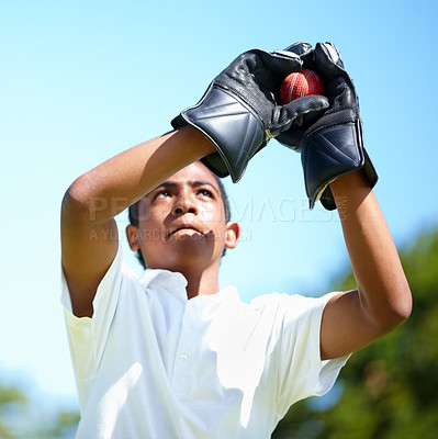 Buy stock photo Cricket, ball and man with fitness, game and cardio with competition and training for a tournament. Person, athlete and player with sunshine or workout with health and motion with exercise and cardio