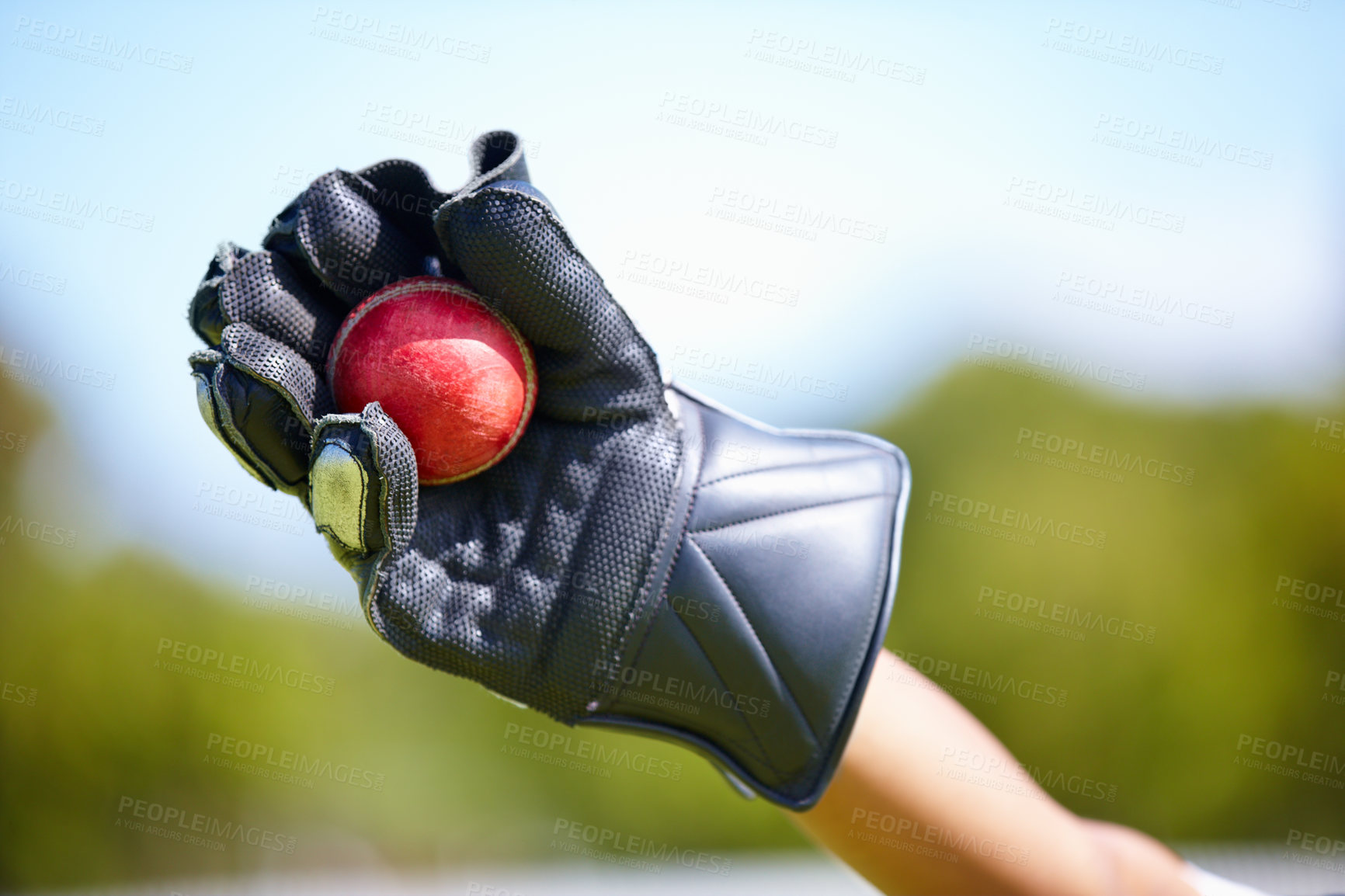 Buy stock photo Cricket, ball and hand with a wicket keeper making a catch during a sports game outdoor on a pitch. Fitness, glove and caught with a sport player playing a competitive match outside during summer