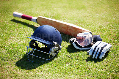 Buy stock photo Shot of a cricket batsman's equipment