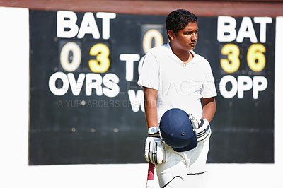 Buy stock photo Cricket, sunshine or teenager with game, training or fitness with competition or uniform. Person, player or athlete with wellness or summer with health or practice with cardio or sports with exercise