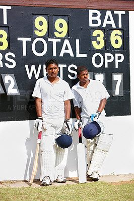 Buy stock photo Cricket, friends or teenagers with game, training or fitness with competition or uniform. Person, players or boys with wellness or summer with health or practice with cardio or sports with equipment