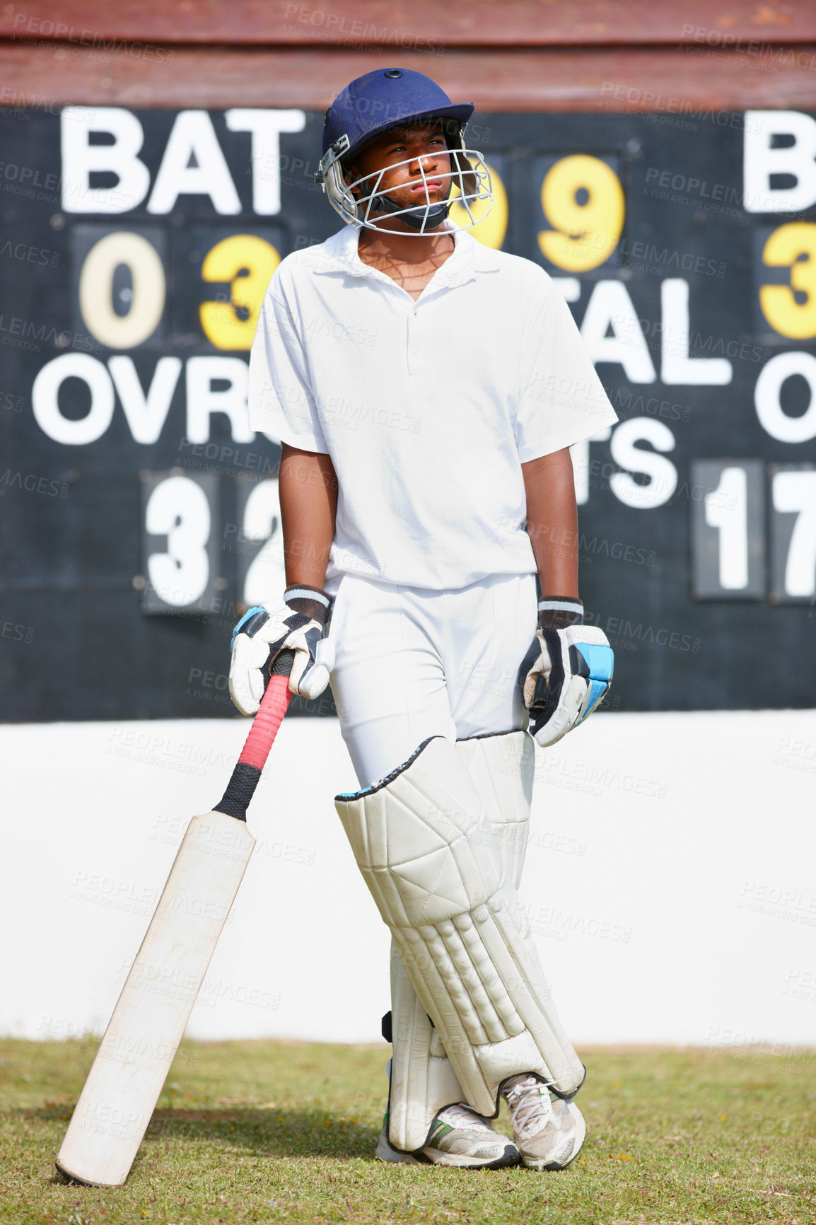 Buy stock photo Cricket, sunshine or teenager with game, fitness and competition with wellness and uniform. Person, player or athlete with tournament or summer with health or bat with cardio or sports with exercise