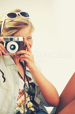 Buy stock photo Woman, camera and lens for retro, travel and photography for weekend getaway in Costa Rica. Creative, photographer or female tourist for analog, shutter or film for art or pictures on summer vacation