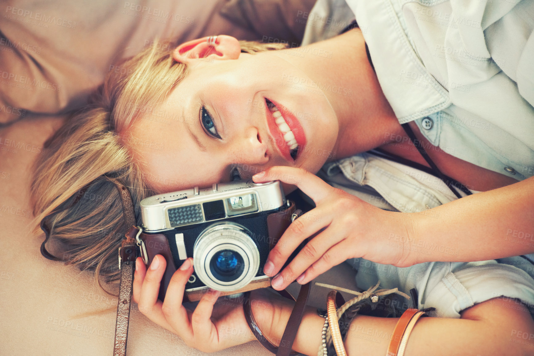 Buy stock photo Portrait, woman and lens for retro, fashion and casual outfit for weekend getaway in Canada. Smile, camera and female person in stylish, trendy and clothing for analog, travel and photography