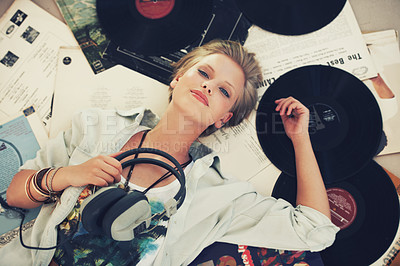 Buy stock photo Floor, music and portrait of woman with headphones for streaming subscription, audio and radio. Podcast, smile and above of person listening to playlist, song and track in home with vinyl records