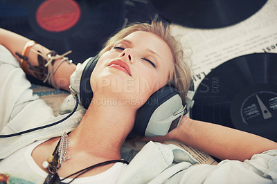 Buy stock photo Relax, music and woman with headphones on floor for streaming subscription, audio and radio. Podcast, smile and above of person listening to playlist, song and track in home with vinyl records