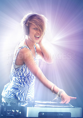 Buy stock photo Woman, dj and portrait with headphones for music on stage with lens flare, mixing and gig at rave party for entertainment. Female sound mixer, artist and musician with record player for playlist