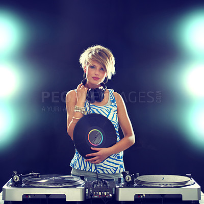 Buy stock photo Portrait, concert and woman dj with mixer on dark background for entertainment at club, disco or party. Music, dance or performance with light for performance and disc jockey mixing audio or sound