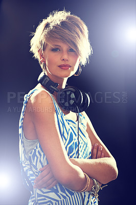Buy stock photo Portrait, smile and headphones with woman, arms crossed and dj with mixes, online sound and audio track. Face, person or girl with headset or lights with hip hop and podcast on dark studio background