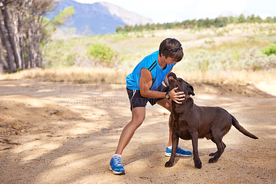 Buy stock photo Fitness, nature and athlete with dog for exercise, healthy training and bonding together in Australia. Trees, runner and man playing with pet companion for outdoor run, workout or wellness in morning