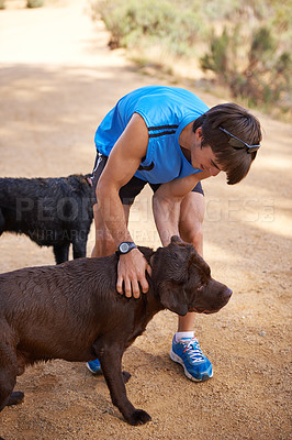 Buy stock photo Path, forest and athlete with dogs for training, healthy exercise and bonding together in Australia. Nature, runner and man playing with pet companion for outdoor run, workout or wellness in morning