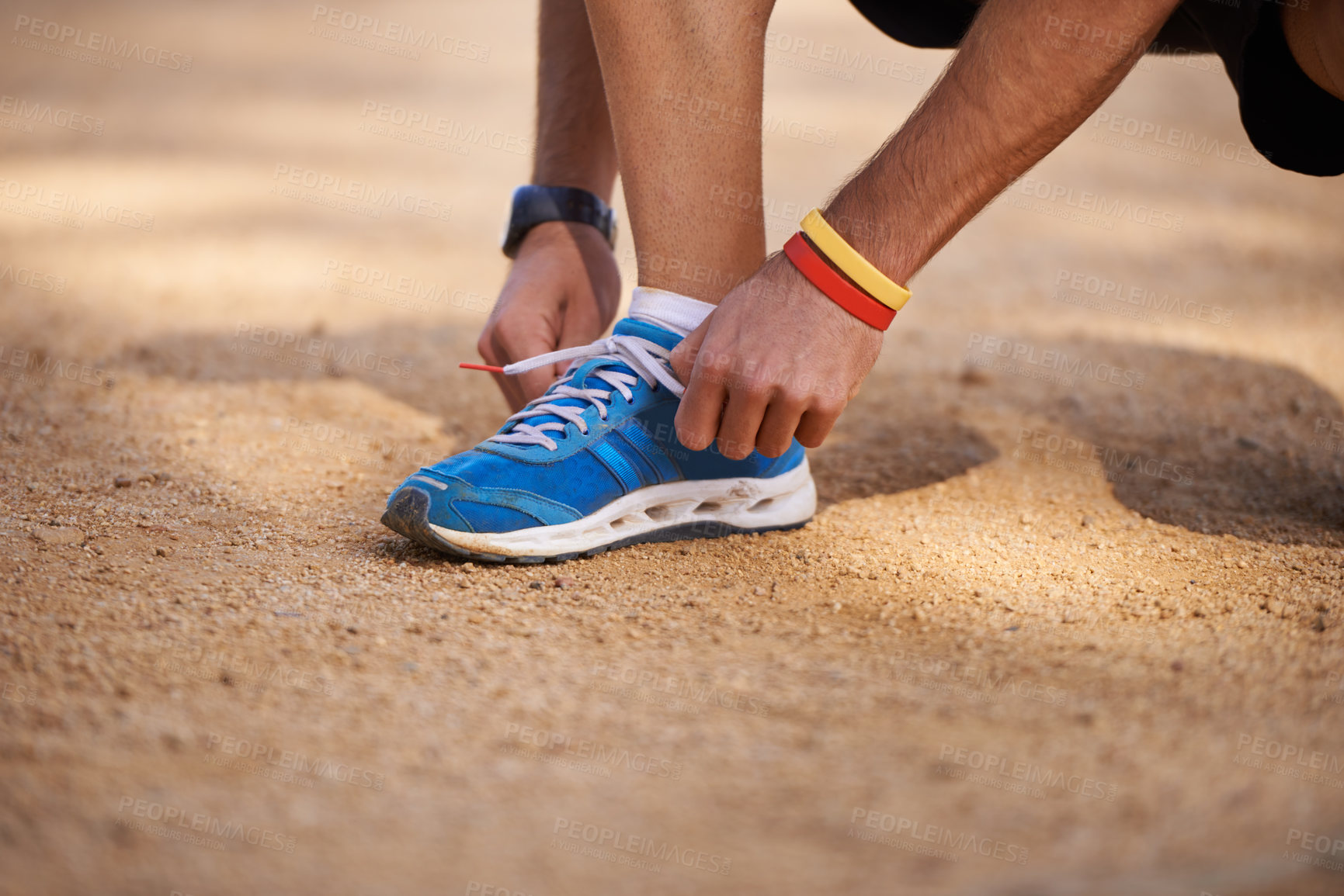 Buy stock photo Tie, hiking or hands of person with shoe lace for fitness training, exercise or running workout on sand. Runner, closeup or leg of sports athlete with footwear ready to start exercising in nature