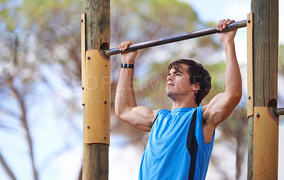 Buy stock photo Park, fitness and man on pull up bar with exercise for morning training, health and muscle building in San Francisco. Trees, nature and person with workout for energy, performance and healthy body