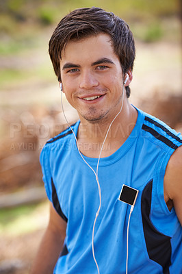 Buy stock photo Music player, portrait or or runner with earphones for running, outdoor exercise or fitness workout. Radio, streaming song or man listening to podcast for performance, podcast and sports training