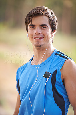 Buy stock photo Music player, portrait or or happy man running with earphones in outdoor exercise or fitness workout. Runner, nature or athlete listening to playlist for streaming radio, podcast or sports training